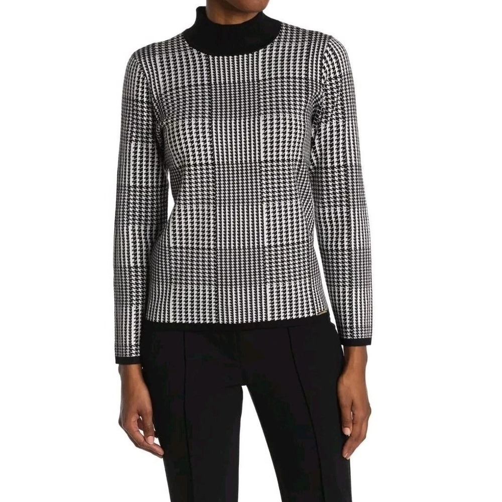 T Tahari Womens Black White Houndstooth Mock Neck Knit Sweater Size M